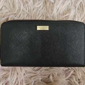 Kate Spade Black Saffiano Zip Wallet with Gold Logo Plaque